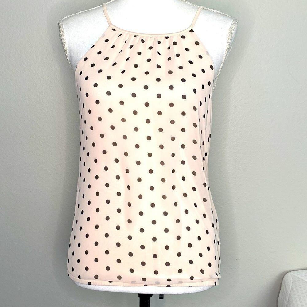 Express High Neck Pink with Brown Polka Dot Tank. Tie Neck. XS See video